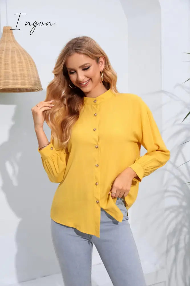 Ingvn - Mock Neck Buttoned Long Sleeve Shirt