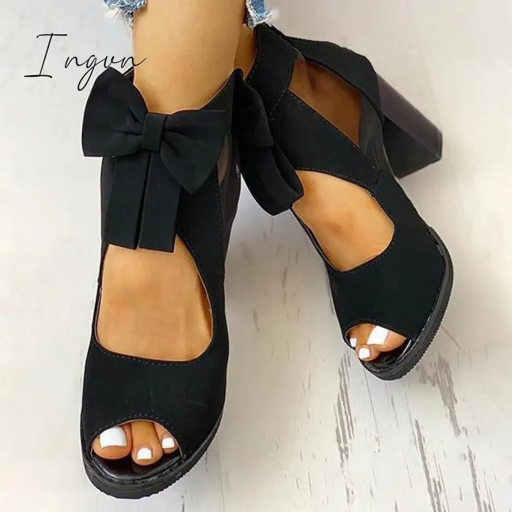 Ingvn - Peep Toe Mesh Insert Bowknot Chunky Heeled Sandals