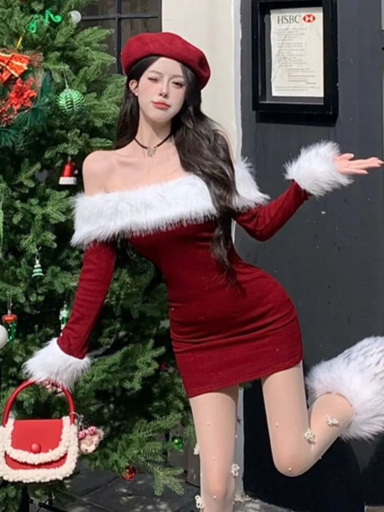 Y2K Sexy Christmas Mini Dress for Women Off Shoulder Slash Neck Patchwork Bodycon Party Dresses Winter Sweet Prom Vestidos Robe