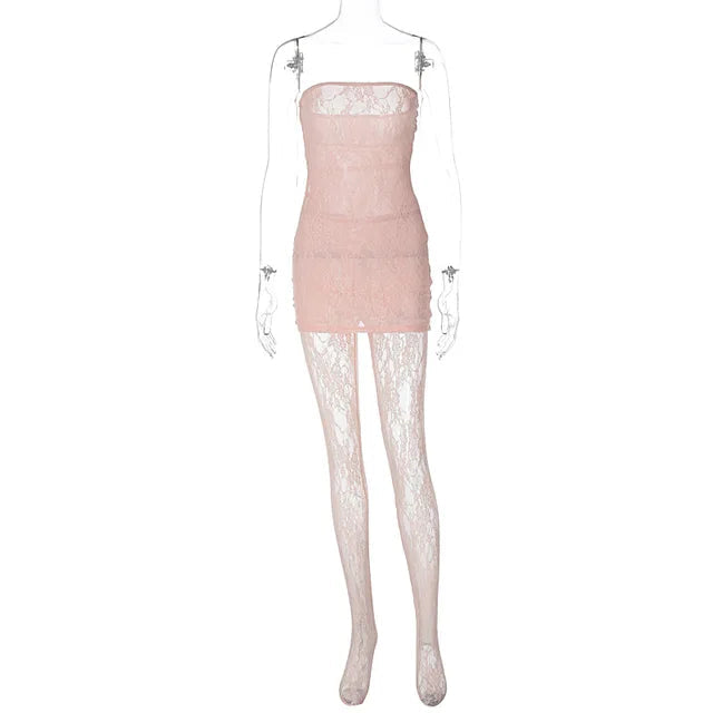 Lace Tights Women's Outfits Sexy Strapless Wrap Dress 2 Piece Sets Party Nightwear Leggings See-Through Sheer Lingerie
