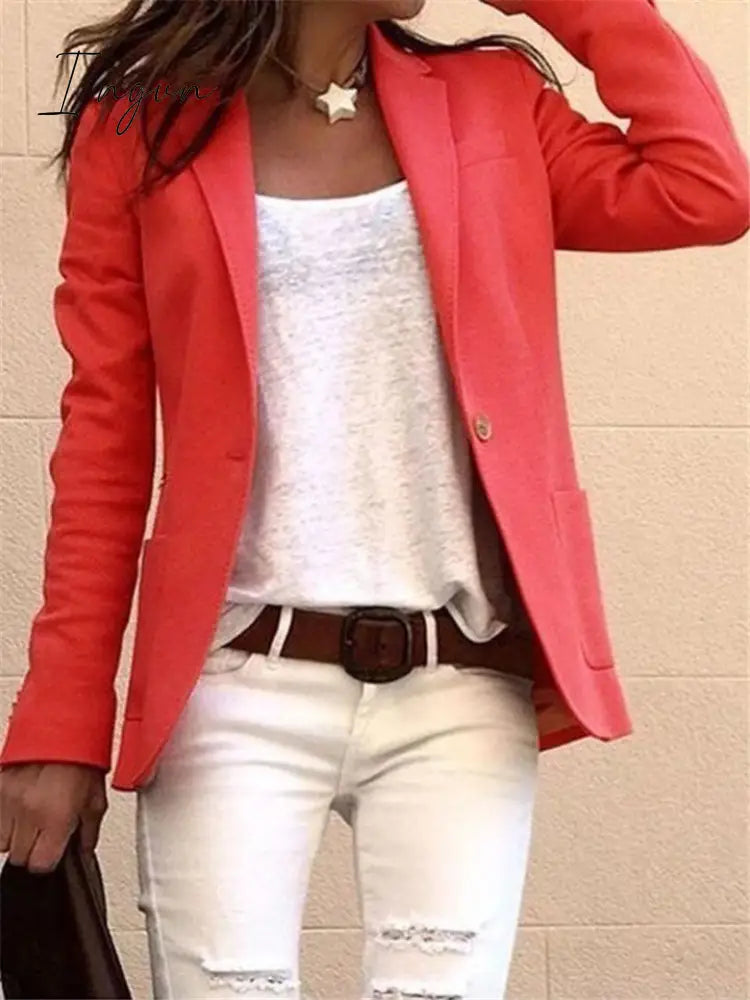 Ingvn - Women Solid Color Notched Collar Long Sleeves Blazer Coat