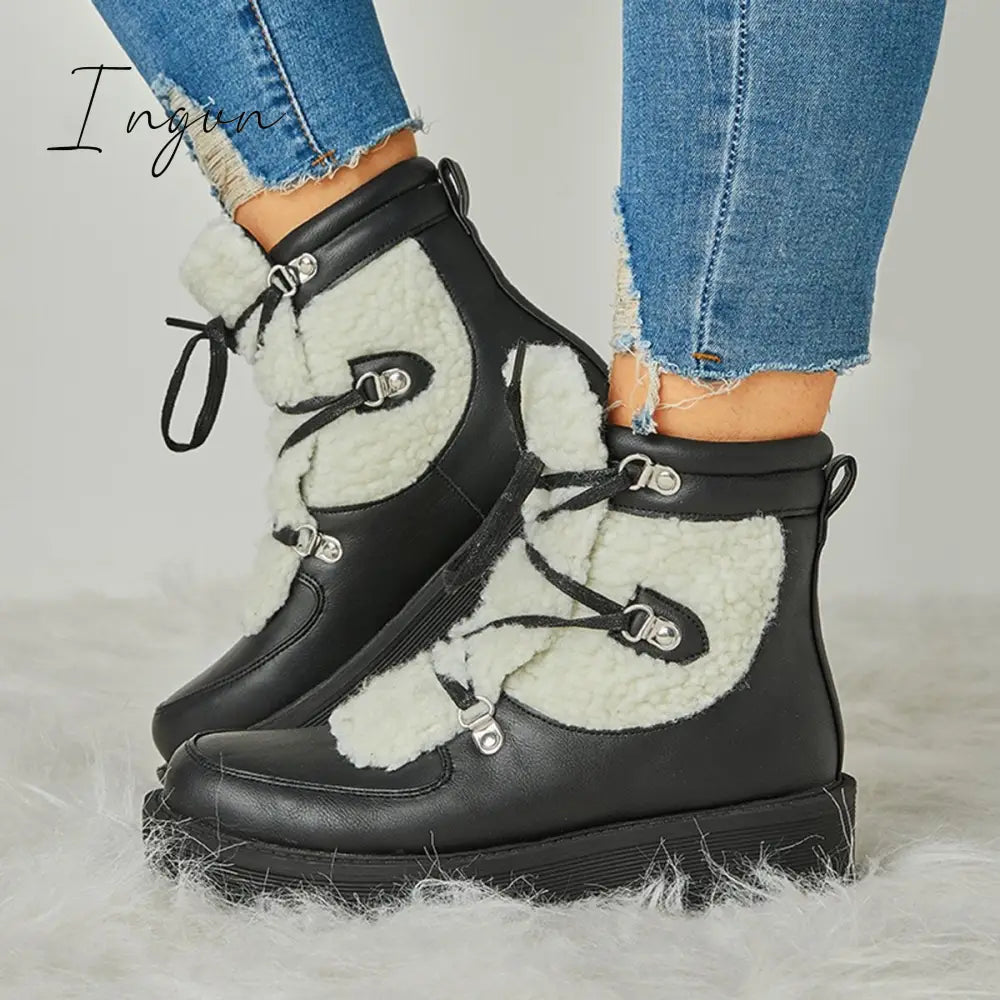 Ingvn - Women's Faux Shearling Stiching Lace Up Snow Boots
