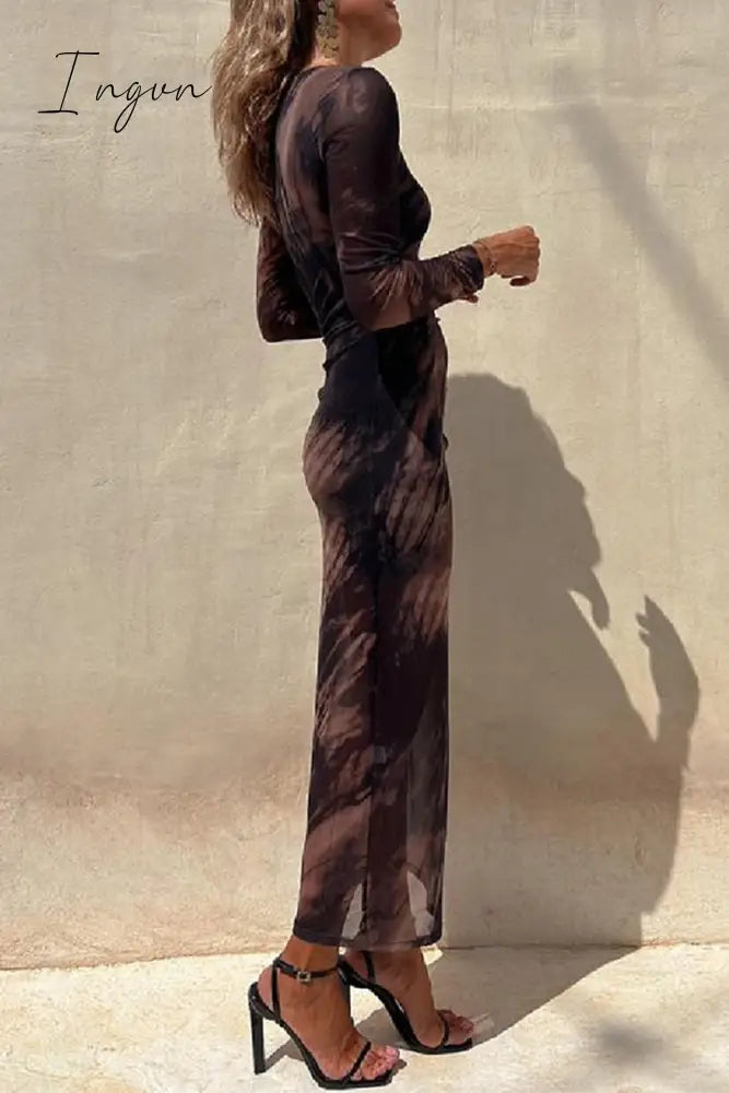 Ingvn - Casual Vintage Gradual Change Print See-through O Neck Long Sleeve Dresses