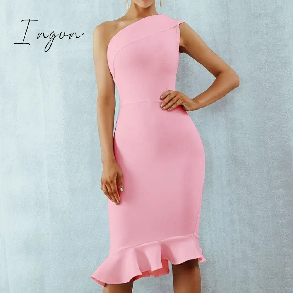 Ingvn - New Summer Women Bandage Dress Sexy One Shoulder Sleeveless Ruffles Nightclub Celebrity Evening Party Mermaid Dresses
