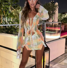 Ingvn - Women Mini Dress Long Sleeve Lacing Tie-dye Print Patchwork Slit Bodycon Dress for Club Party