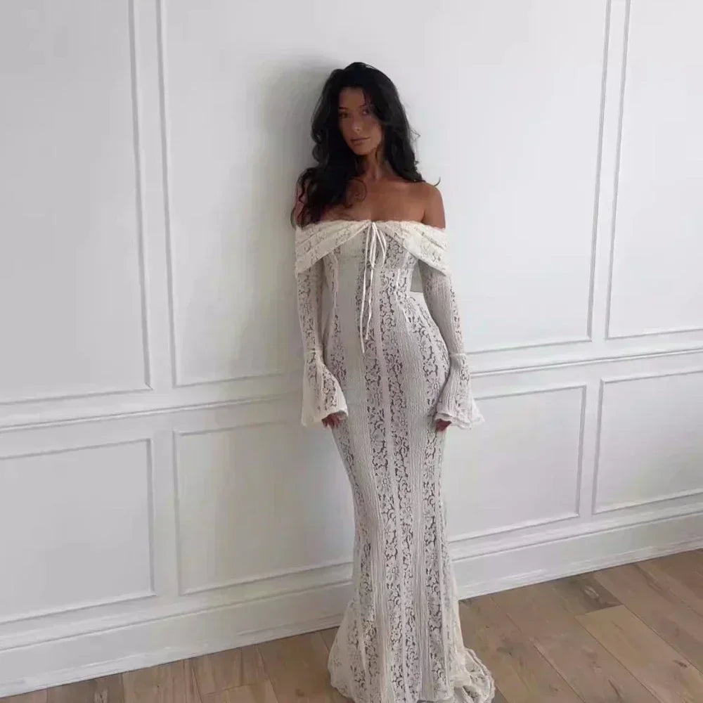White Off The Shoulder Bodycon Dress New in Flare Sleeve Elegant Lace Maxi Dress Wedding Guest Dress for Women