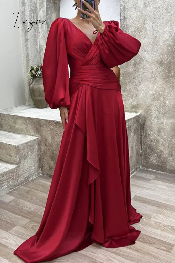 Ingvn - Elegant Formal Solid Fold V Neck Evening Dresses(3 Colors)
