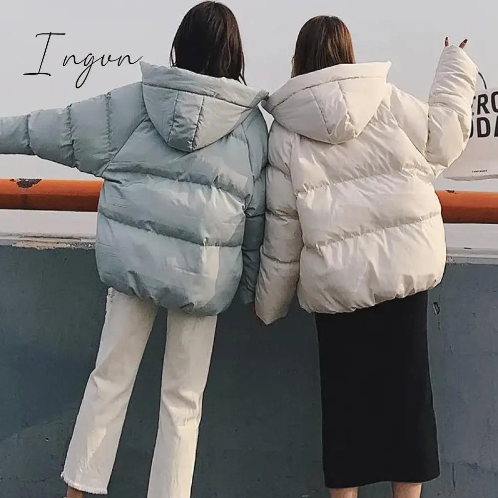 Ingvn - winter women's hooded zipper loose down jacket women's solid color short wild Korean version of the new
