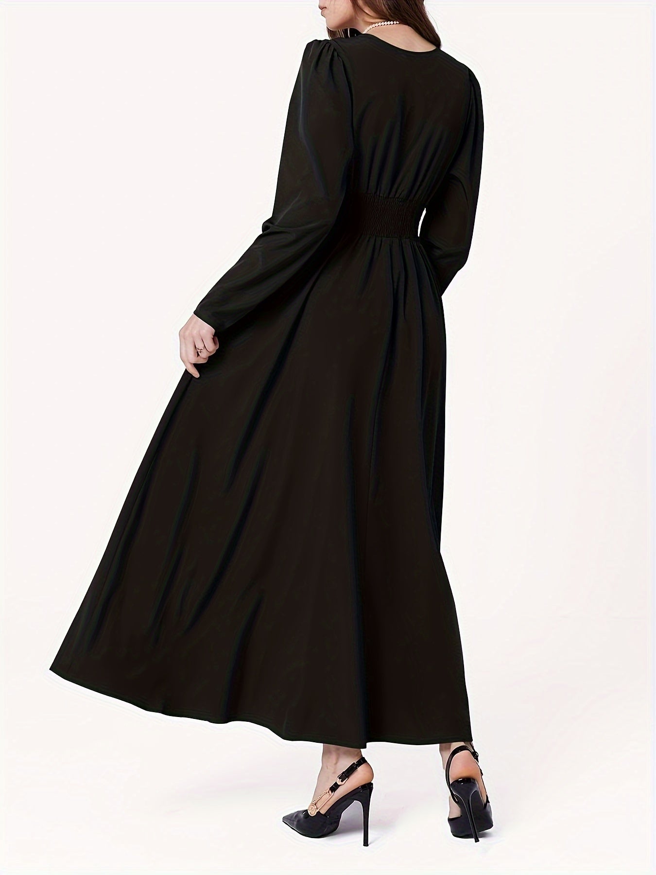 Deep V Neck Button Waist Dress, Elegant Long Sleeve Maxi Dress For Cocktail & Wedding Party, Women's Clothing