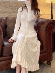 Solid Knitted Dresses for Women Autumn Long Sleeves V-neck Single Breasted Pleated Ruffles Casual Korean Fashion Female Clothing