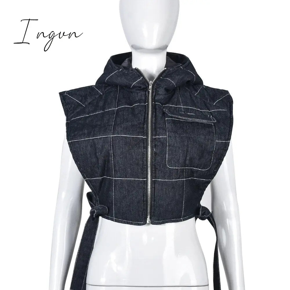 Ingvn - Winter Sleeveless Side Lace Up Vest Jacket Zipper Denim Hoodies Streetwear Women Clothing Fashion Outwear Crop Top