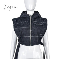 Ingvn - Winter Sleeveless Side Lace Up Vest Jacket Zipper Denim Hoodies Streetwear Women Clothing Fashion Outwear Crop Top
