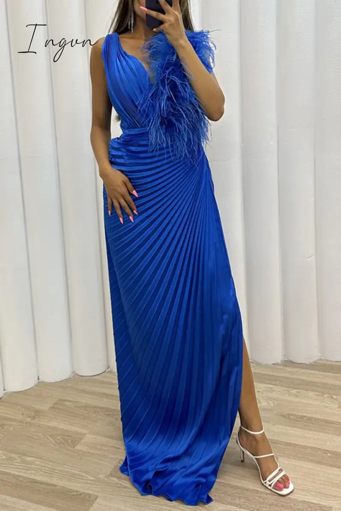 Ingvn - Sexy Solid Patchwork Pleated V Neck Long Dress Dresses