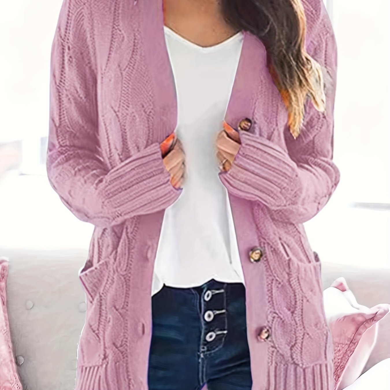 Cable Knit Button Front Cardigan, Casual Solid Long Sleeve Cardigan For Fall & Winter, Women's Clothing