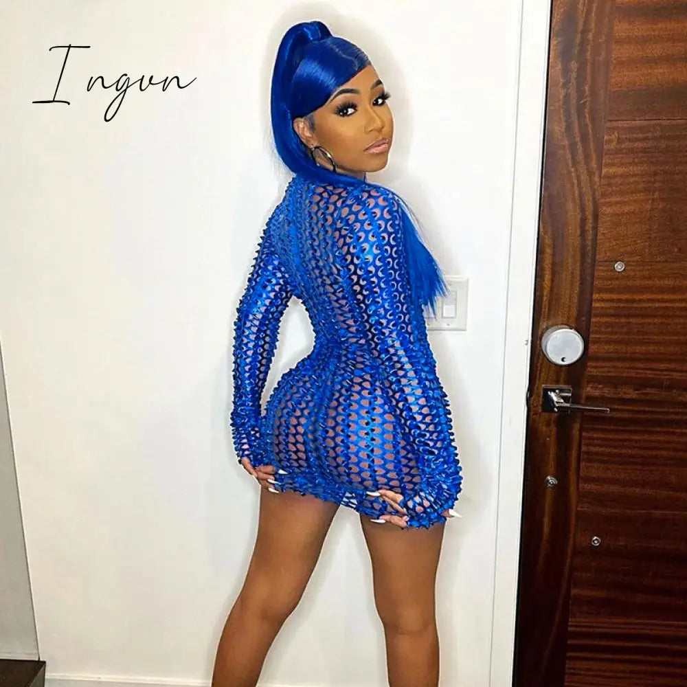 Ingvn - Long Sleeve Cut Out Solid Skinny Sexy Mini Dress Autumn Winter Women Fashion Party Club Elegant Outfits