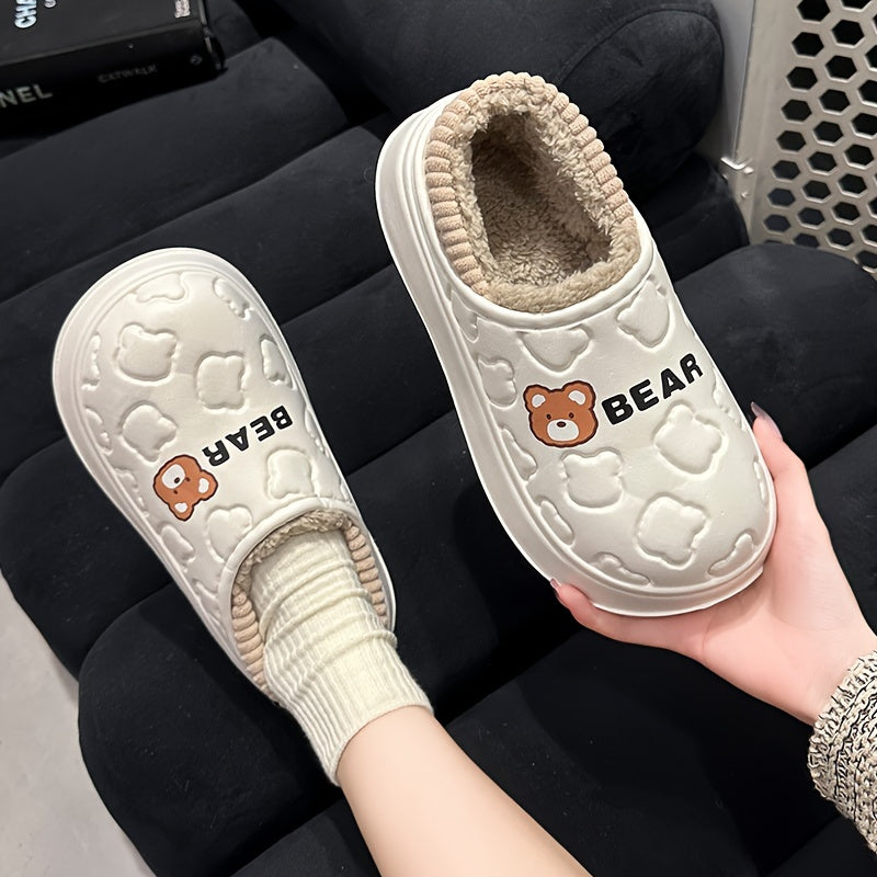 Cozy Winter Bear Slippers - Cute Cartoon Waterproof, Plush Lined EVA, Indoor/Outdoor Comfort