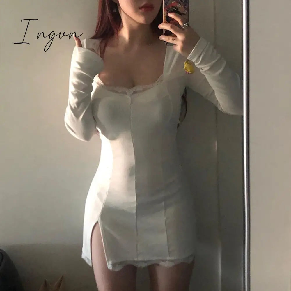 Ingvn - Women Winter Dress Women New Arrivals Sexy Long Sleeve Lace Split Black White Solid Party Dresses Vestidos