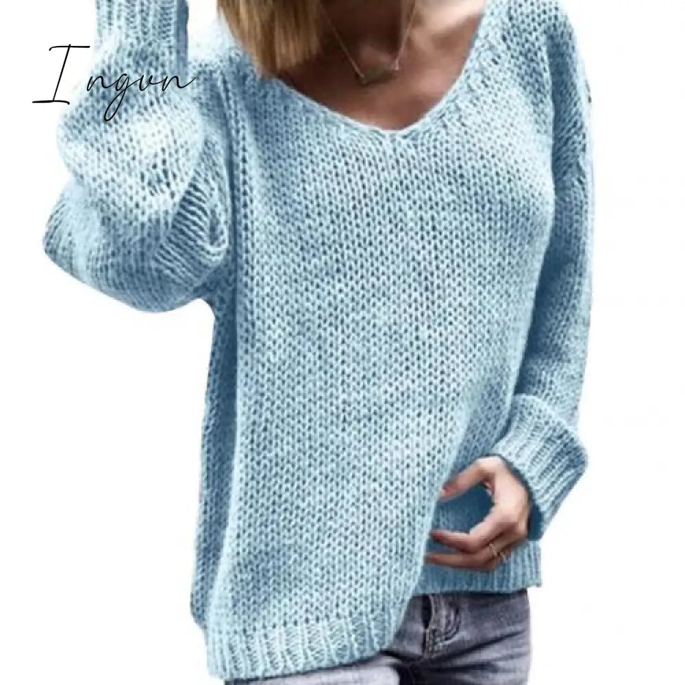 Ingvn - 2023 Casual Women Loose Solid Color Knitted Sweater V Neck Long Sleeve Top Women Clothing Pull Femme