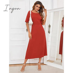 Ingvn - Hot Women's European and American Round Neck Solid Color Long Dress