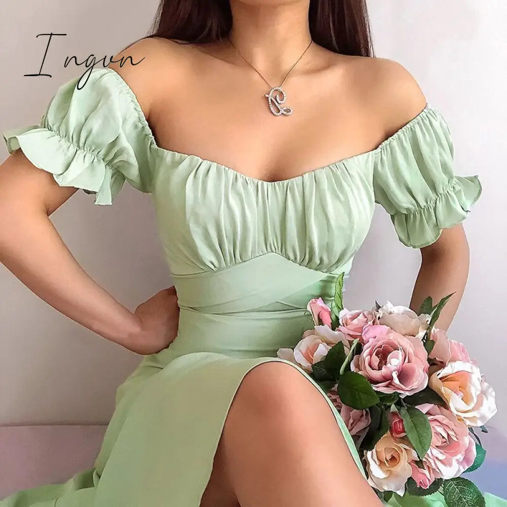 Ingvn - Short Sleeve Bodycon Beach Dresses High Waist A-line Ladies Party Vestidos Elegant Solid V-neck Summer Women Dress