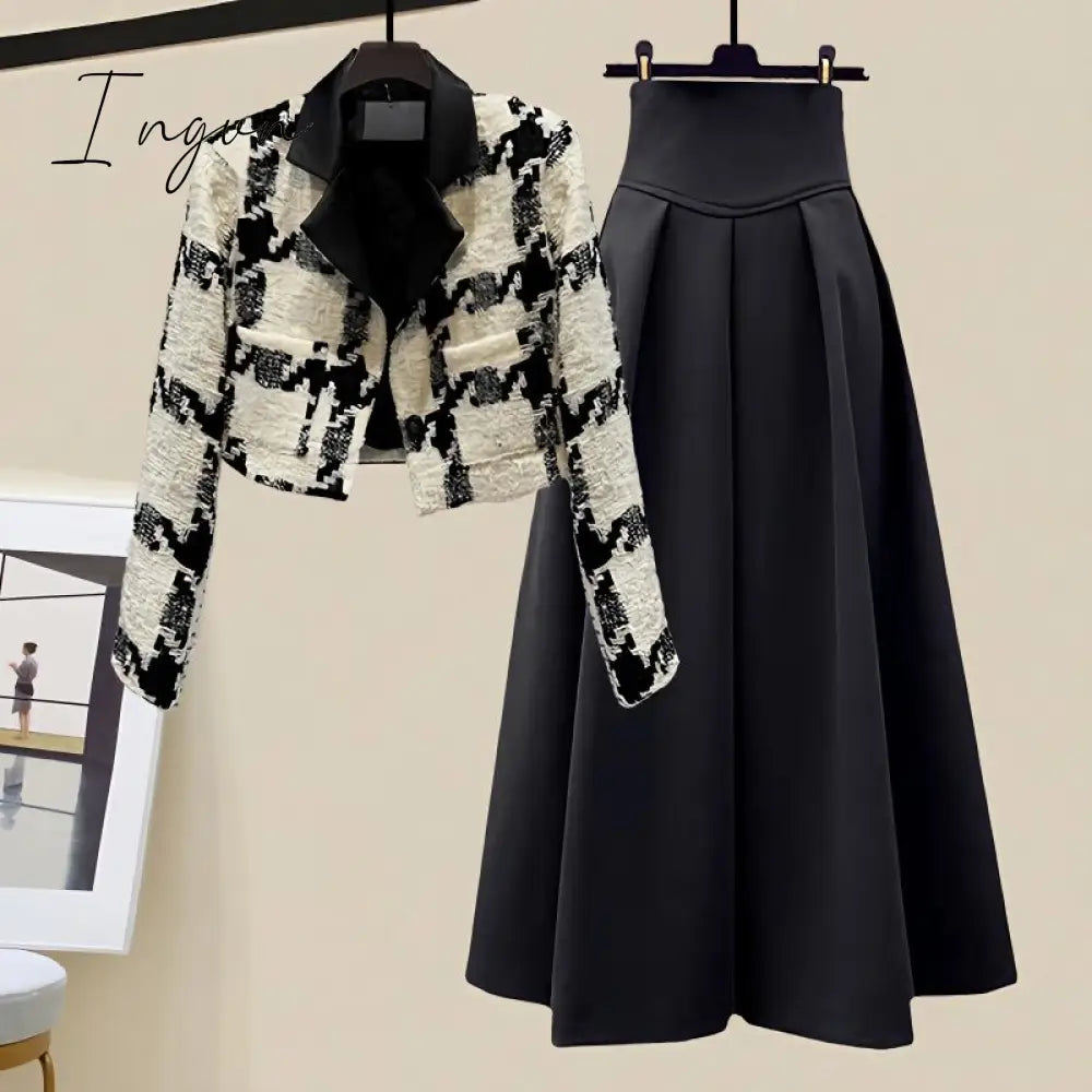 Ingvn - Spring and Autumn Set Women's 2023 New Korean Edition High End Plaid Suit Top Slim and Versatile Half Skirt Two Piece Set