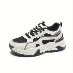 Women's Fashion Contrasting Sneakers, Casual Sports Shoes, Breathable Chunky Sole Lace-Up Design