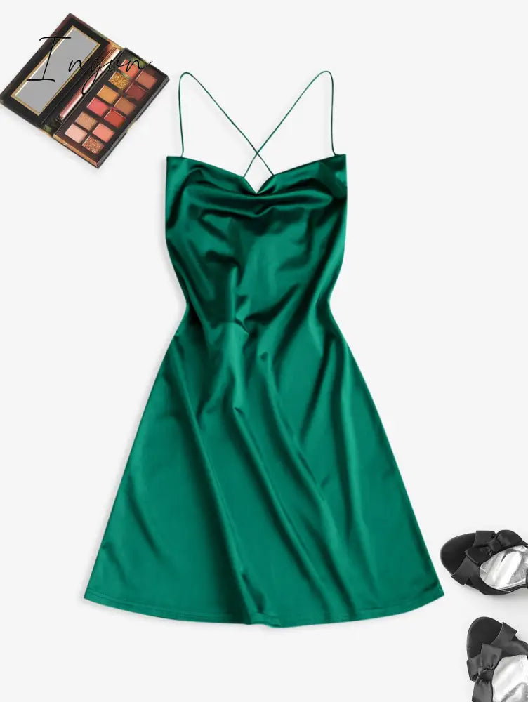 Ingvn - Women's Sexy Satin Dress Spaghetti Strap Slips Nightwear Side Slit Cocktail Party Silk Mini Dresses