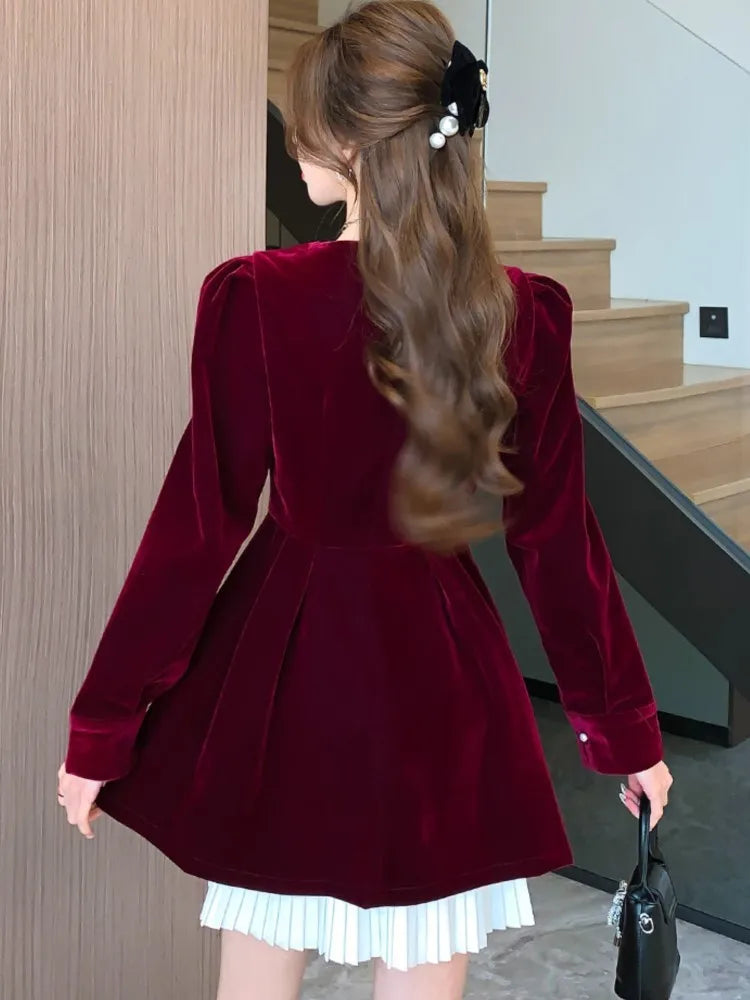 Korean Velvet Mini Dress Elegant Long Sleeve Square Collar Patchwork A-Line Birthday Party Vestidos High Waist Female Dresses