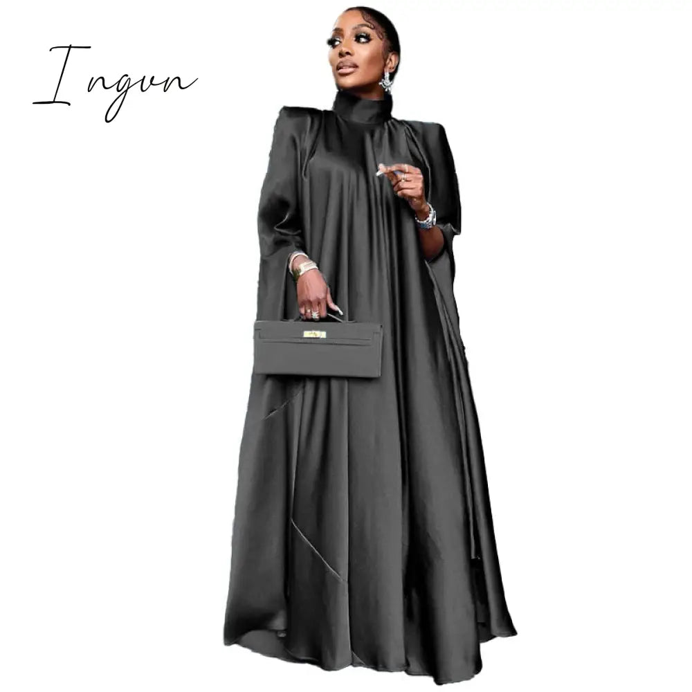 Ingvn - Women Oversized Dresses Mock Neck Batwing Sleeve Loose Large Sparkly Robes Vintage Blue Party Event Occasion Christmas Gowns