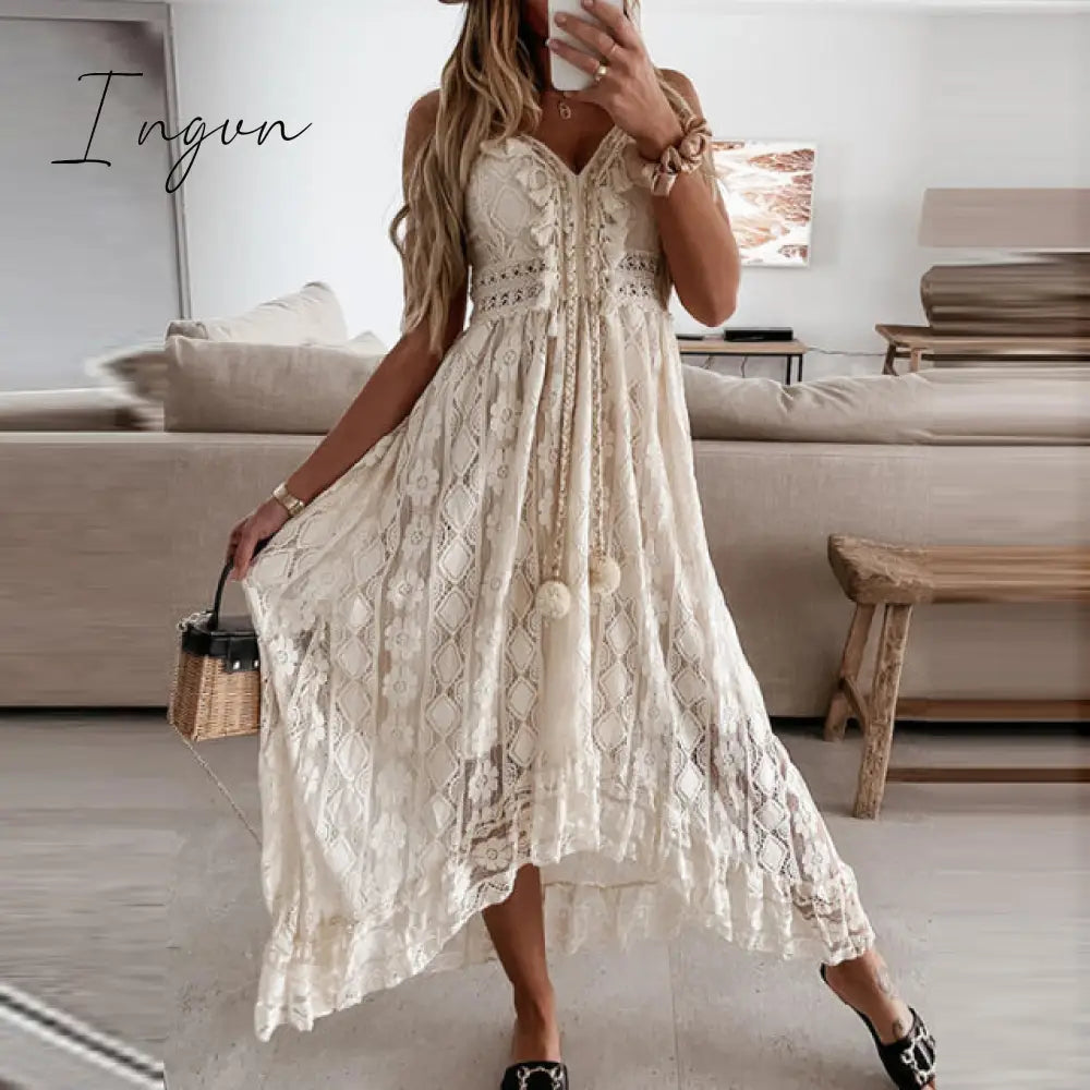 Ingvn - Women Fashion Trends Off Shoulder Lace Patchwork Elegant Dress Women Summer V Neck Spaghetti Strap Dress Female New Fashion Solid Party Dresses
