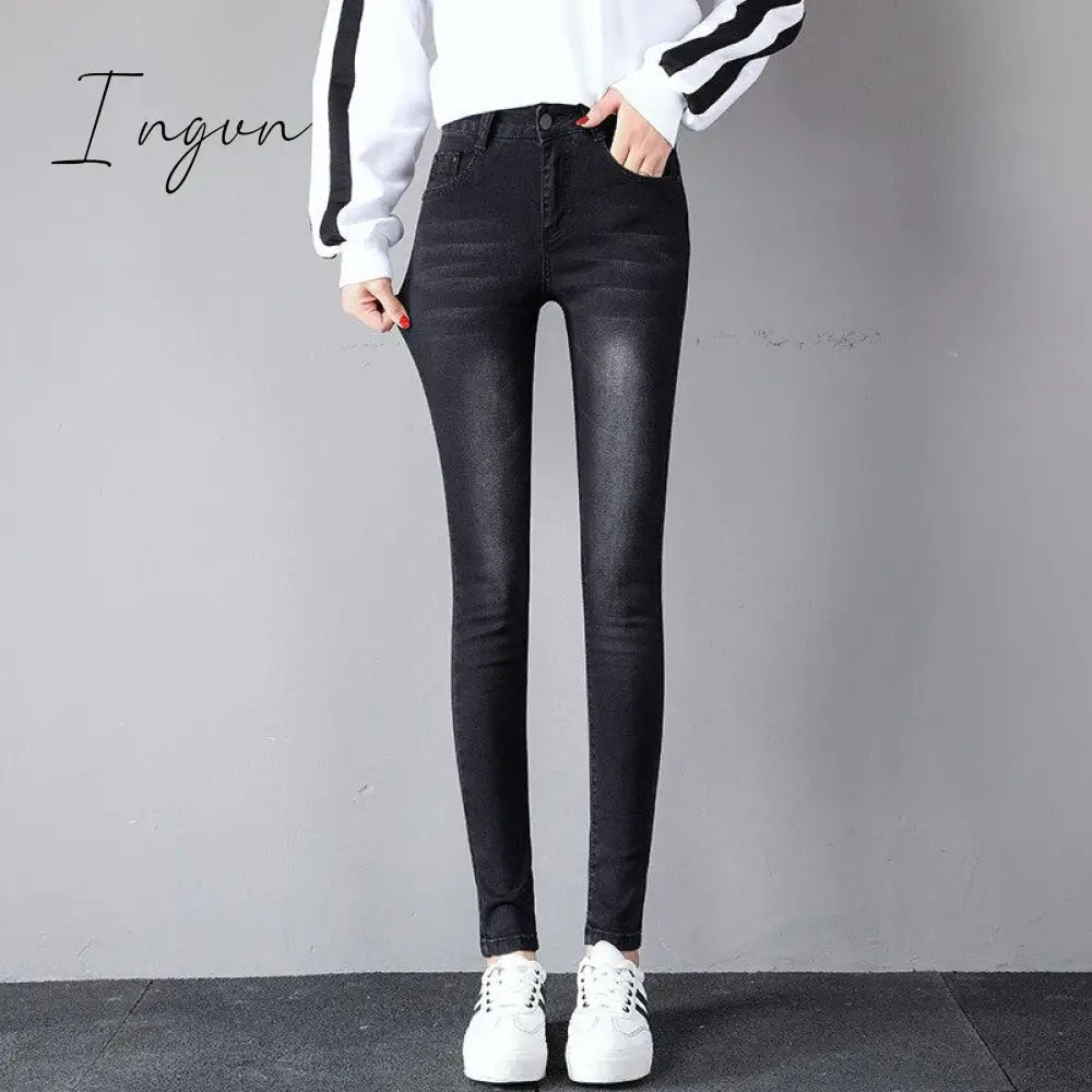 Ingvn - Black Women Autumn Washed  Jeans Mid Waist Y2k Cotton Fashion Chic All-match Pants Slim Shinny Stretch Casual Denim Pencil Jeans