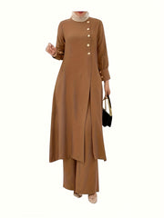 Two-piece Set, Elegant Solid Color Long Sleeve T-shirt & Loose Pants Outfits, Women's Clothing