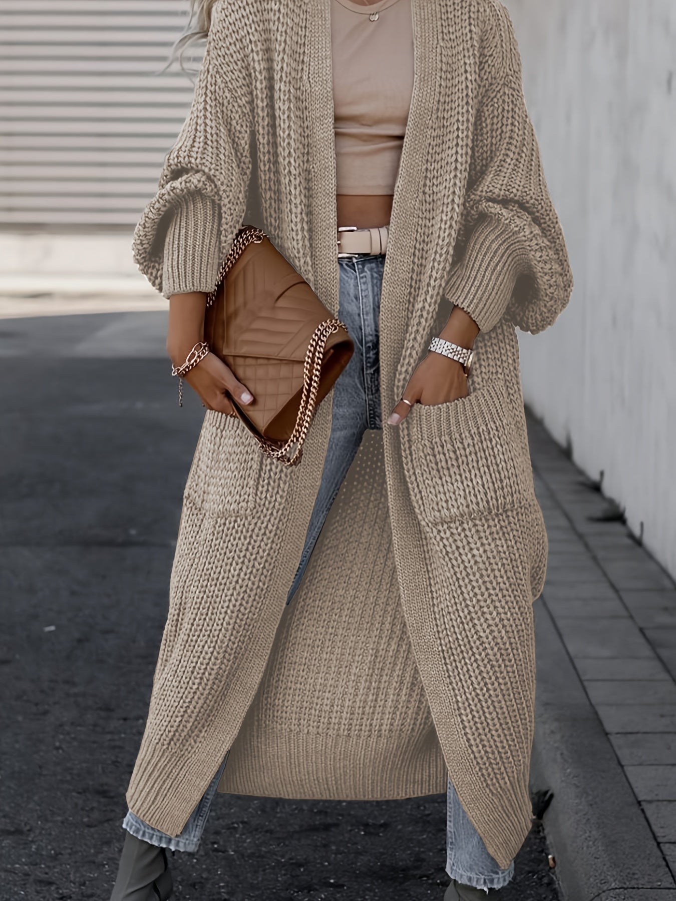 Solid Open Front Pocket Cardigan, Casual Long Sleeve Long Length Sweater For Fall & Winter, Women's Clothing