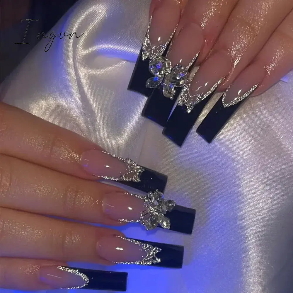24pcs French rhinstones artifical nails with glue full cover false nails detachable coffin fake nail bling press on nails