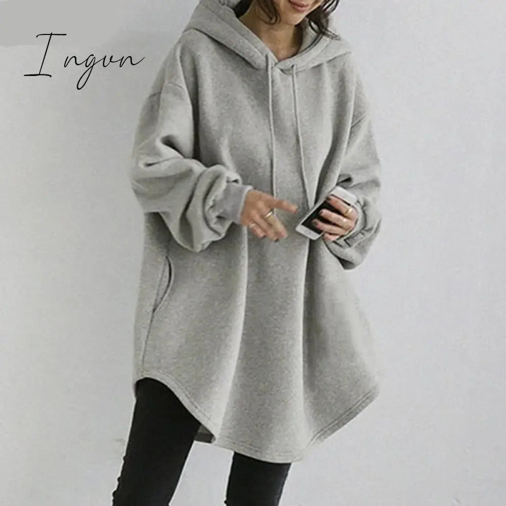 Ingvn - Women's Hoodies Long Sleeve Sweatshirts Autumn Casual Solid Loose Long Drawstring Pullovers Oversized Streetwear