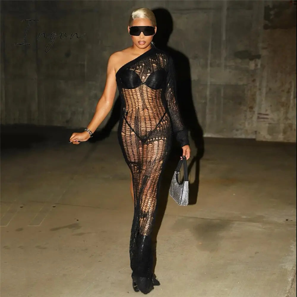 Ingvn - 2023 Womens Fashion Black Diagonal Collar Knitting Maxi Dress Women Sexy Mesh Transparent One Shoulder Long Sleeve Split Robe Holiday Jurk