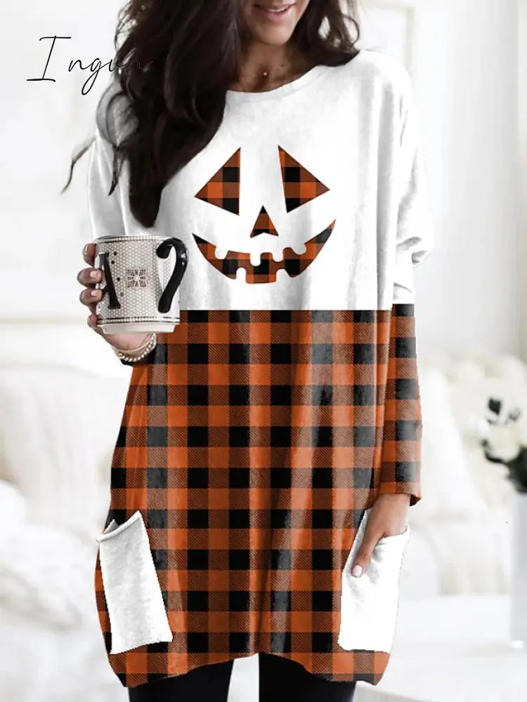 Ingvn - Women's Tunic Shirts Tunic Black White Wine Plaid Color Block Pocket Print Long Sleeve Halloween Weekend Round Neck Long Abstract Painting S