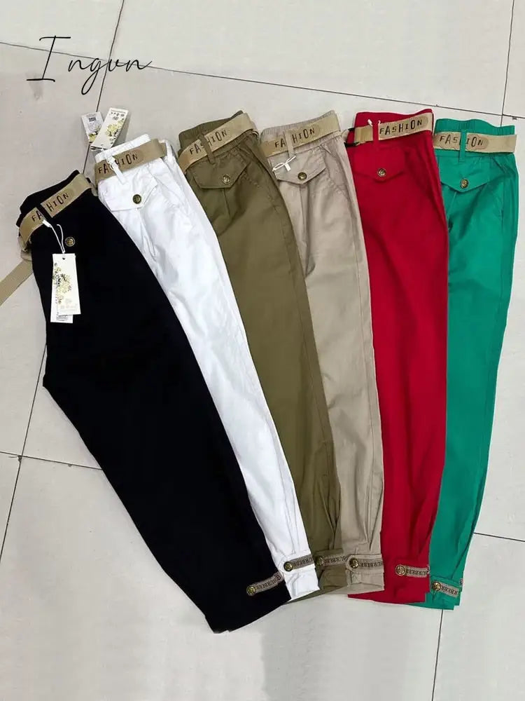 Ingvn - Cotton Metal buttons high-quality Solid Color Pants Women 2023 Autumn Spring Loose Casual Pants Trousers