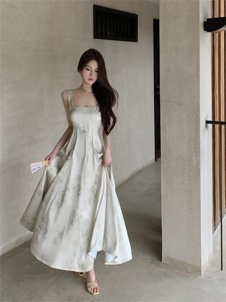 New Elegant Satin Sling Dress for Women Summer Sleeveless Spaghetti Strap Square Neck Slim Vintage Female Print Dresses