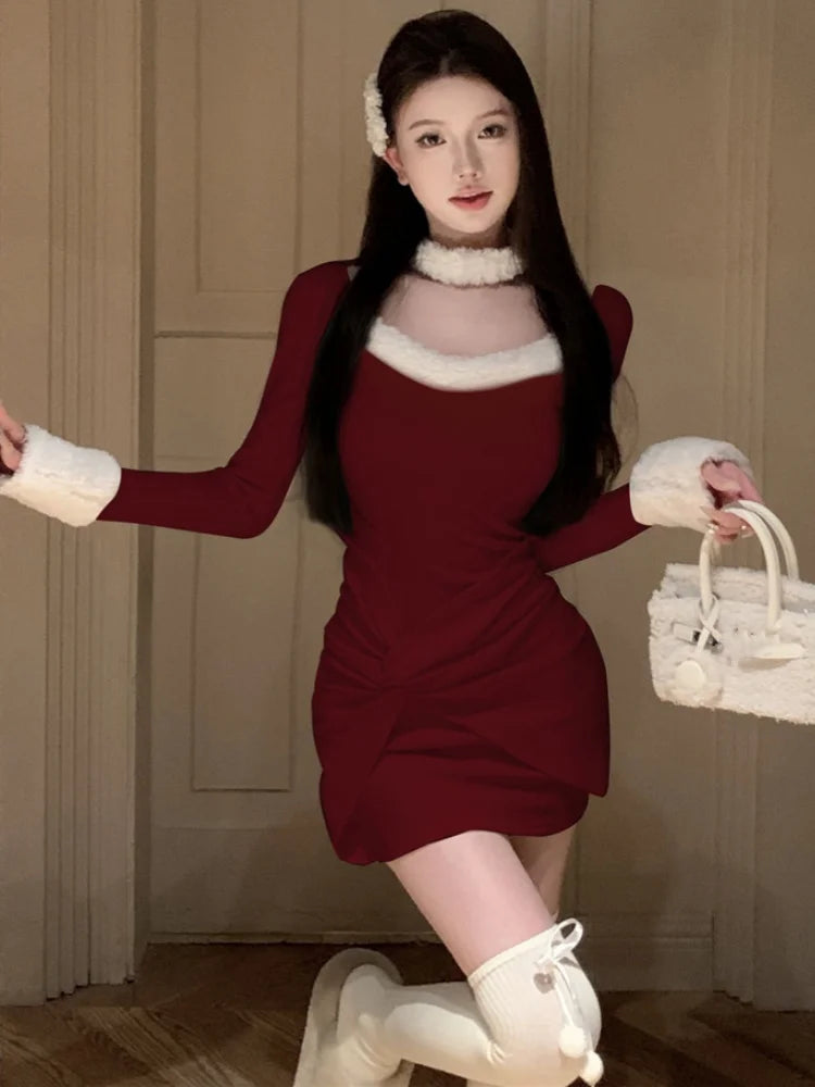 Autumn Pleated Mini Dress for Women Sweet Long Sleeves Bodycon Birthday Party Dresses Fashion Christmas Vestidos Female Clothing