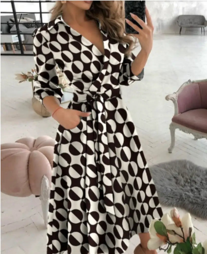 Ingvn - Spring and summer fashion plus size ruched dress long-sleeved V-neck print bag hip dress women's clothing dress for women