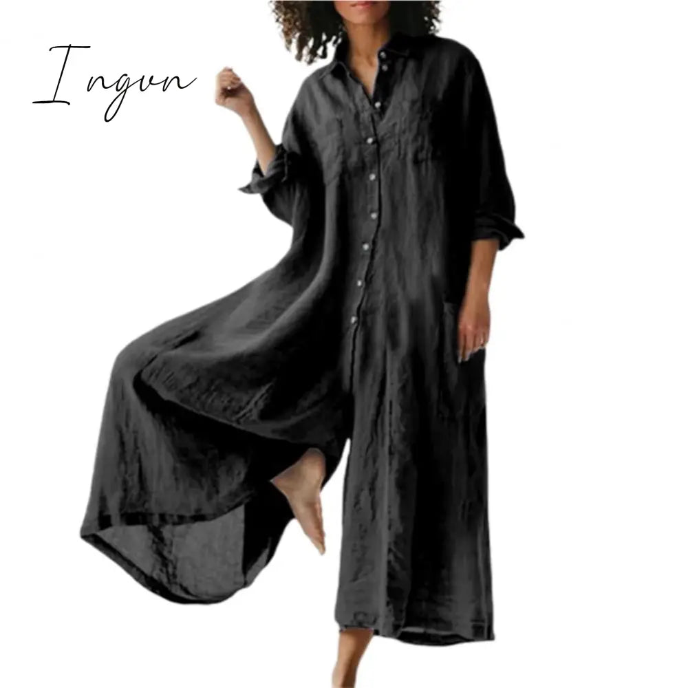 Ingvn - Cotton Linen Women Jumpsuit Oversized Vintage Button Jumpsuit Summer Women Casual Beach Playsuit Wide Legs Pants Loose Romper