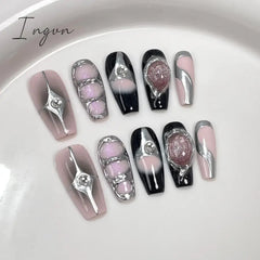 10Pcs Black Handmade Press On Nails Coffin Fake Nails Full Cover Gradient Metal Contrast Artificial Manicure Wearable Nail Tips