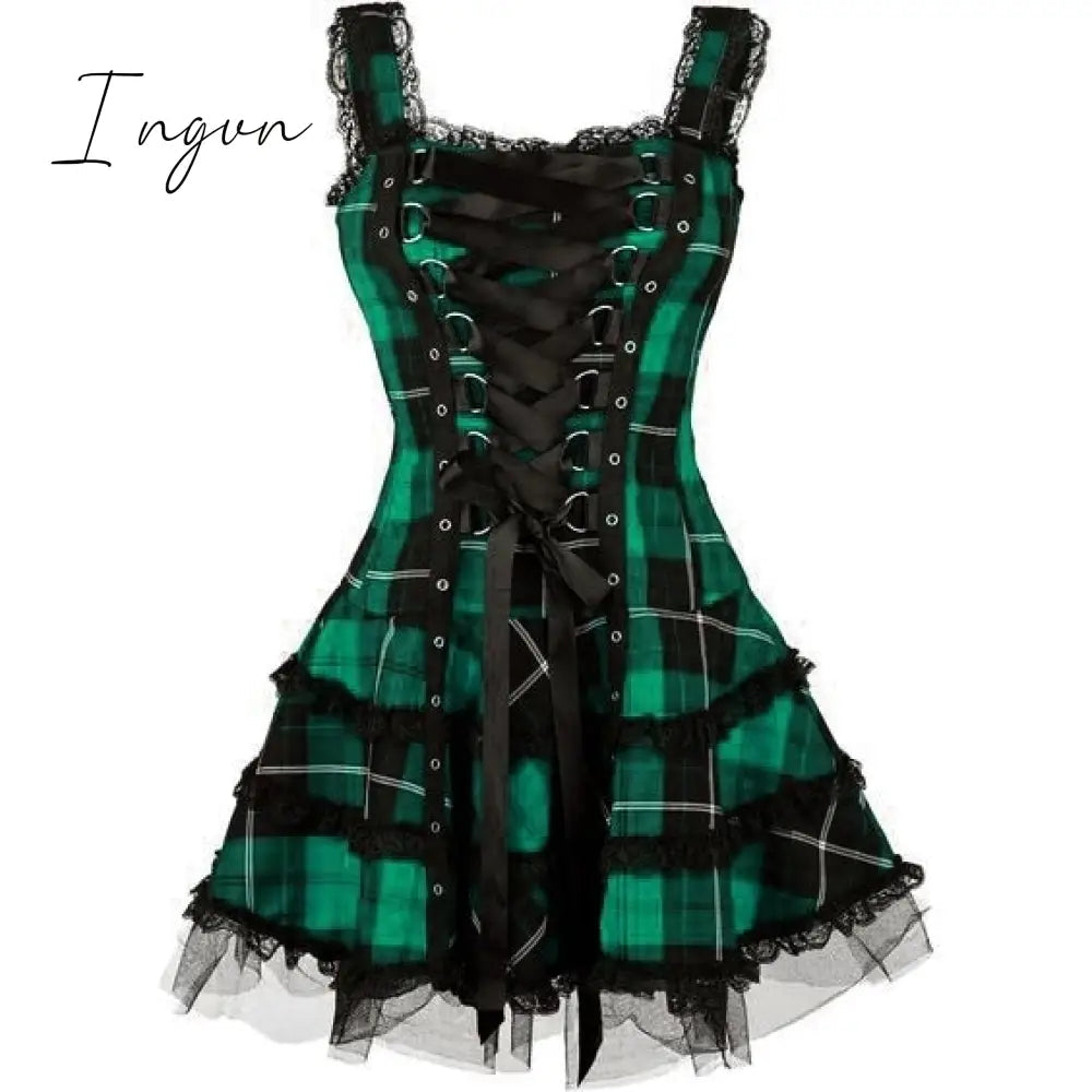 Ingvn - Dress Women Classic Frill Lace Dresses Sleeveless Plaid Vintage Gothic Mini Dresses Ball Gowns Cosplay Costume Plus Size Dress