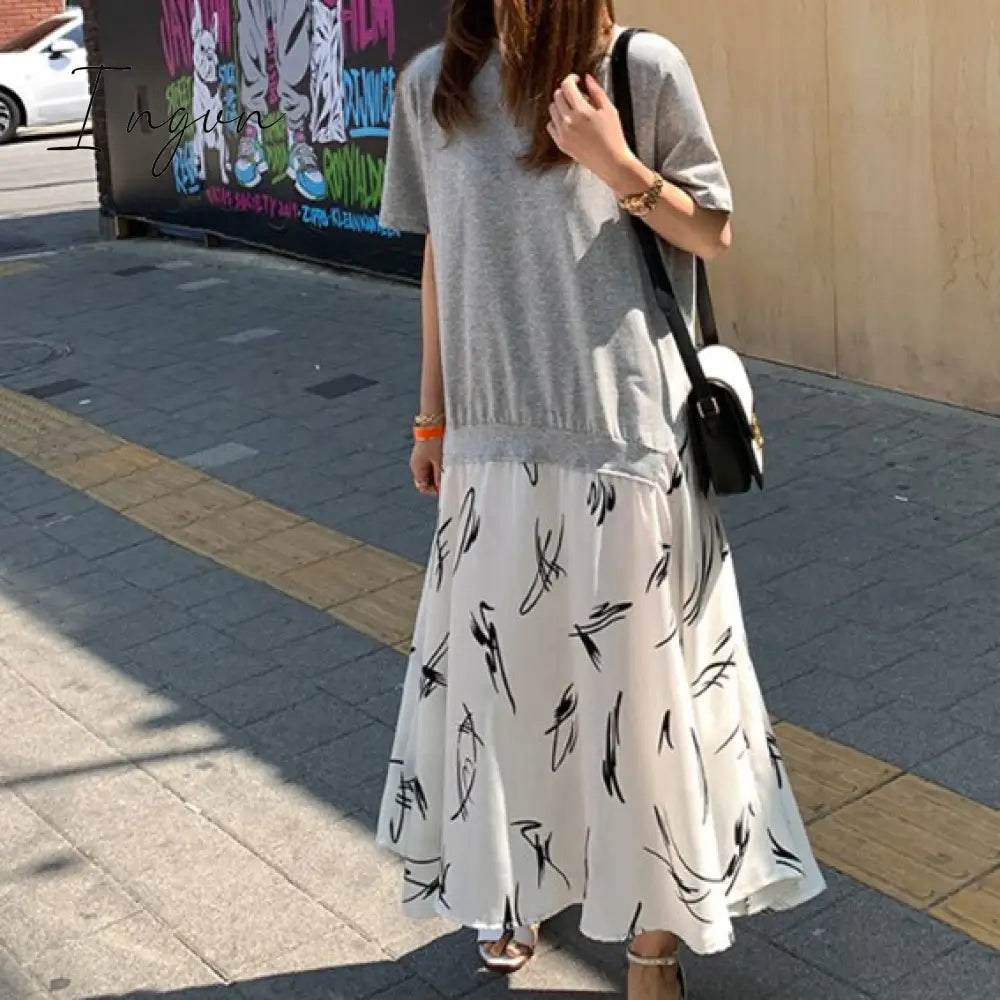Ingvn - Autumn Women Plus Size XL-5XL Ladies Long Sleeve T-Shirt Dress Patchwork Print Robe Fake Two Piece Dress D08108R