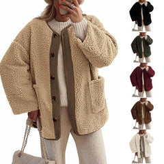 Women's Warm Winter Coat Collarless Casual Long Sleeve Button Plush Lambskin Jacket Coat