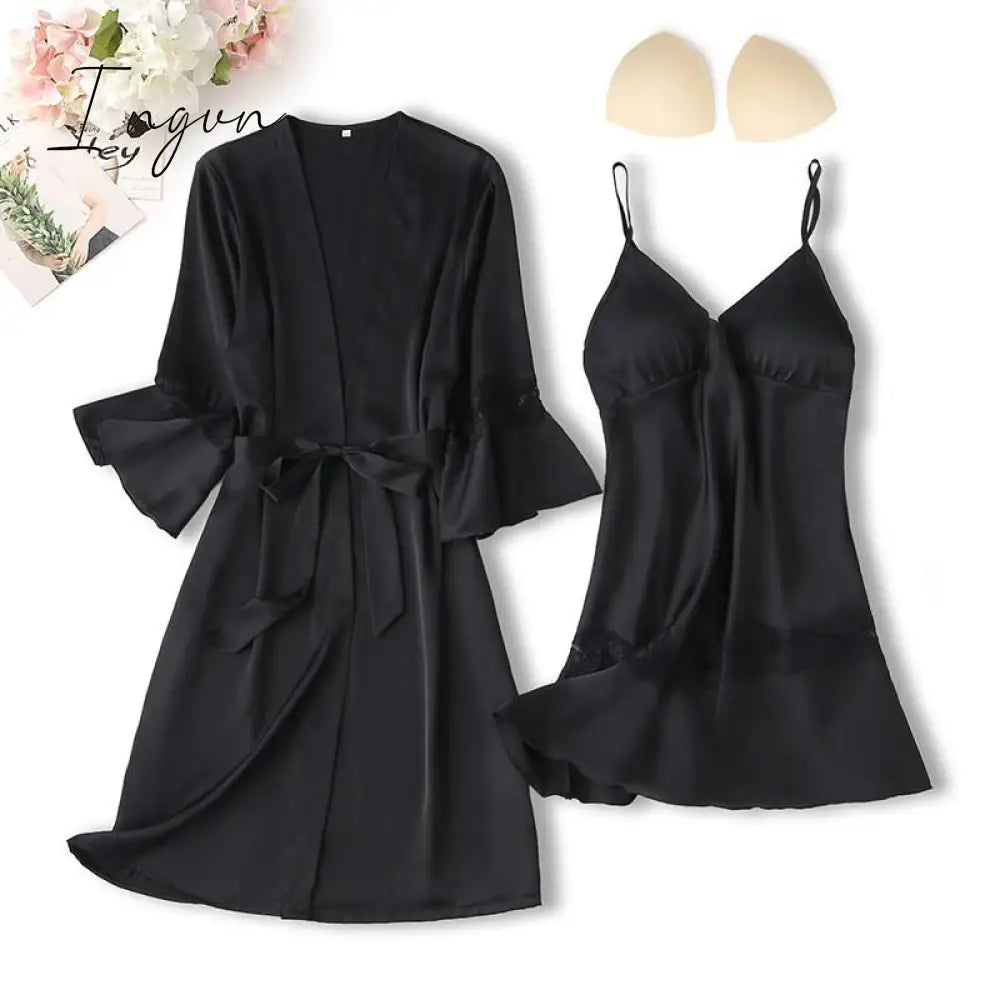 Ingvn - Lace Trim Sexy Wedding Lady Robe Suit Loose Satin Bride Bridesmaid Kimono Bathrobe Gown Mini Sleepwear Rayon Intimate Lingerie