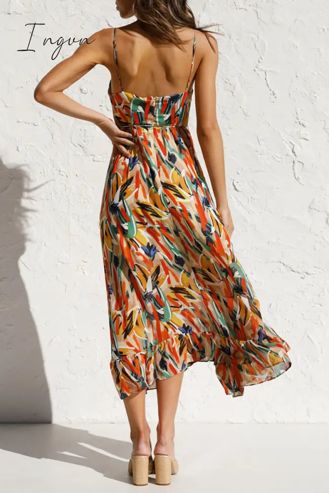 Ingvn - Fashion Print Patchwork Spaghetti Strap Cake Skirt Dresses