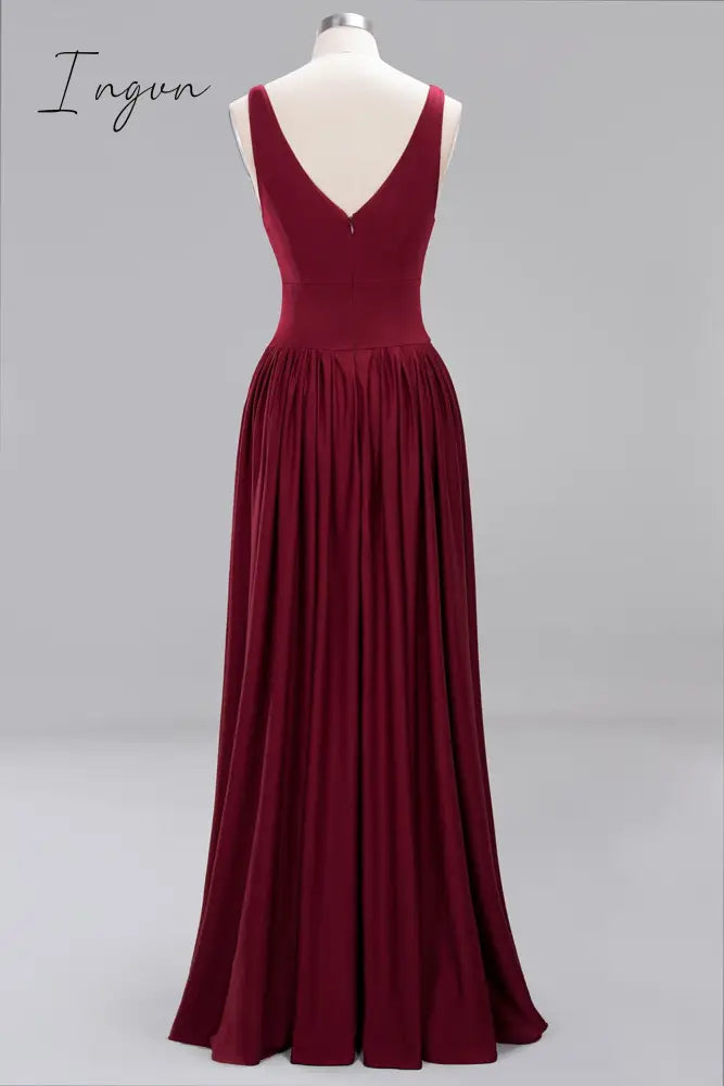 Ingvn - Sexy Bridesmaid Dresses Satin Simple V Neck High Slit Wedding Party Backless Evening Robe For Cccasion Long Prom Gown