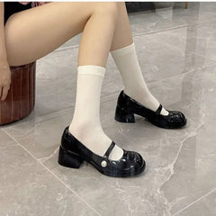 Ingvn  Shoes for Woman  Square Heels Women's Summer Footwear with Medium Mary Jane Black Japanese Style Lolita Gothic Pearl Korean